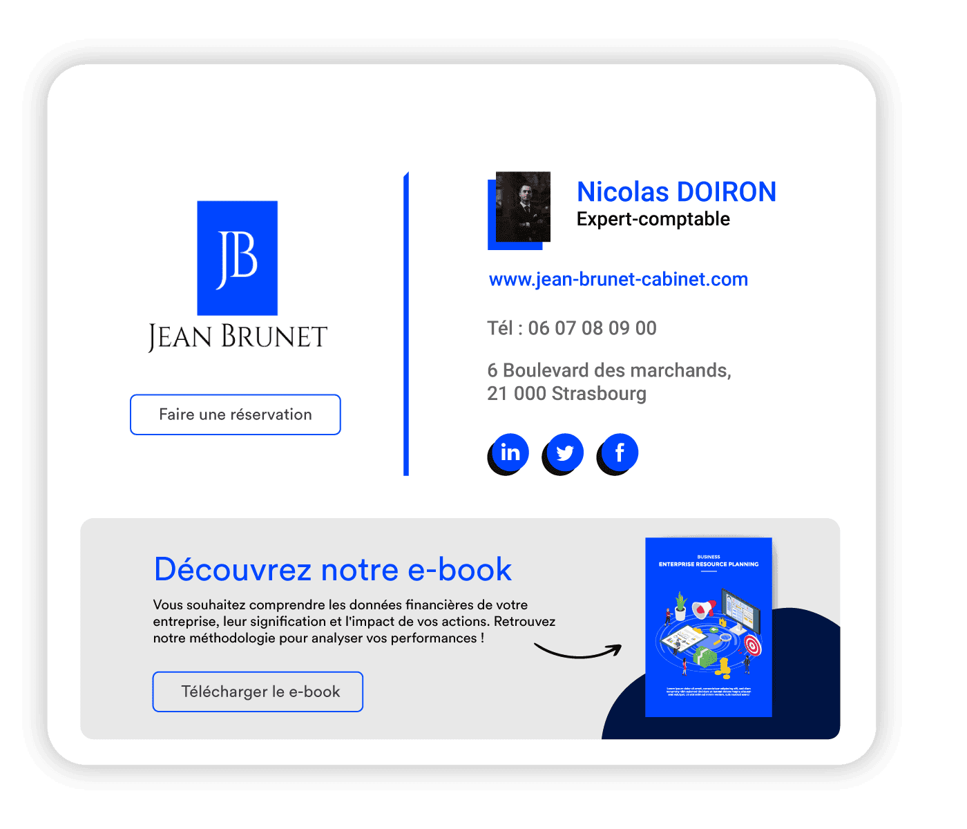 Signature mail bleu avec bannière pour l'expertise comptable avec présentation d'un ebook