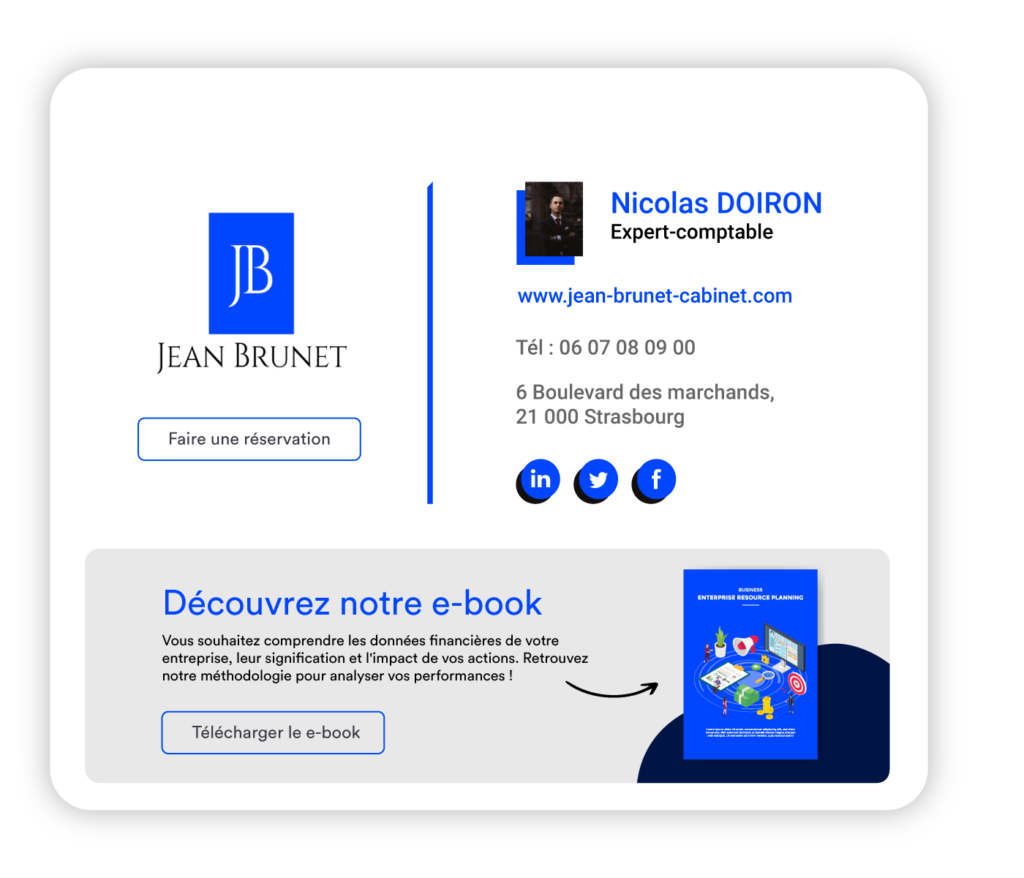 Signature mail bleu avec bannière pour l'expertise comptable avec présentation d'un ebook